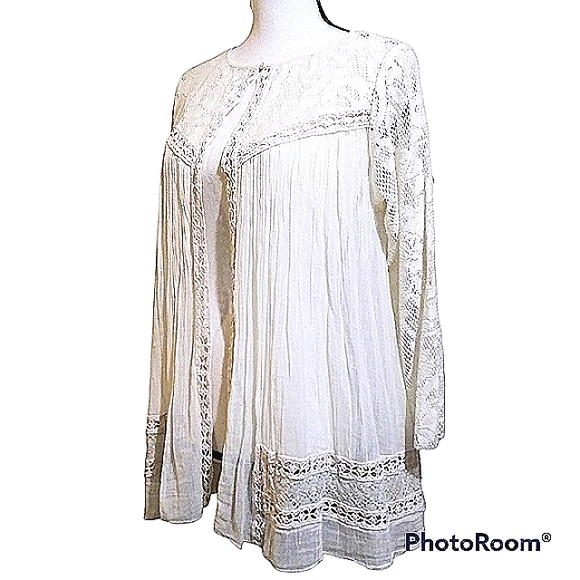 FP ONE IVORY/CREAM CRINKLE COTTON SUMMER CARDIGAN LACE CROCHET SINGLE BUTTON - Picture 6 of 10